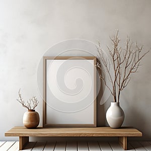 Empty mock up poster frame on wooden console table. Interior design of modern living room with grey stucco wall