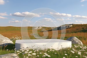 empty mockup of abstract natural field scene with podium for product display and frosted glass background.