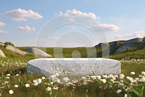 empty mockup of abstract natural field scene with podium for product display and frosted glass background.