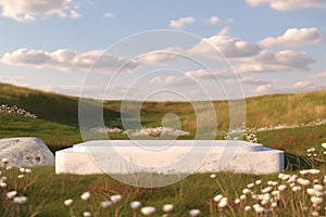 empty mockup of abstract natural field scene with podium for product display and frosted glass background.