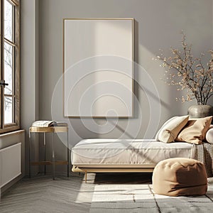 Empty mockup of blank frame in modern minimalistic interior of living room, wooden furniture and green potted plants