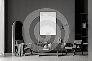 Empty mockup canvas in dark grey living room with two easy armchairs