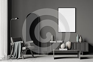 Empty mockup canvas in grey living room with armchair