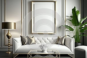 Empty mockup poster frame on the wall of a luxurious living room. Minimalist interior design