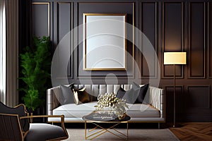 Empty mockup poster frame on the wall of a luxurious living room. Minimalist interior design
