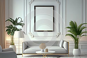 Empty mockup poster frame on the wall of a luxurious living room. Minimalist interior design