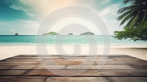 empty mockup wooden table in beautiful beach