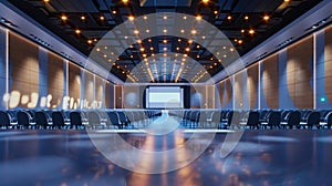 Empty modern auditorium with blue seats and advanced lighting