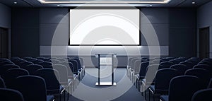 Empty modern auditorium with projection screen and lectern ready for presentation