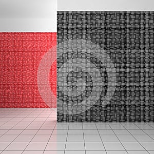 Empty modern bathroom with black, white and red tiles