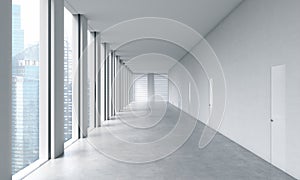 Empty modern bright clean interior of an open space office. Huge panoramic windows with Singapore view.