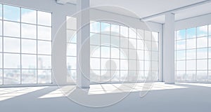 Empty modern bright interior with huge panoramic windows
