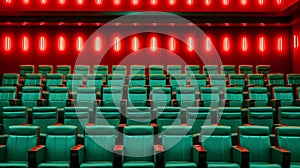 Empty modern cinema with rows of seats. Green chairs and red lights on walls. Generative AI