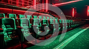 Empty modern cinema with rows of seats. Green chairs and red lights on walls. Generative AI