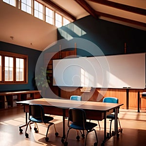 Empty modern classroom with blank whiteboard, bright sunny education environment