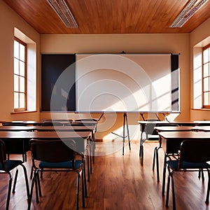 Empty modern classroom with blank whiteboard, bright sunny education environment