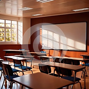 Empty modern classroom with blank whiteboard, bright sunny education environment