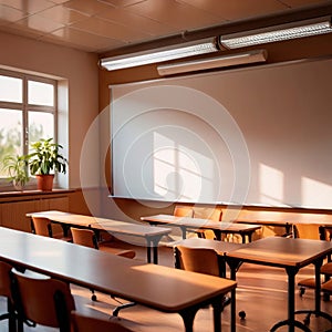 Empty modern classroom with blank whiteboard, bright sunny education environment