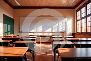 Empty modern classroom with blank whiteboard, bright sunny education environment