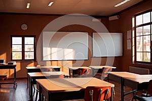 Empty modern classroom with blank whiteboard, bright sunny education environment