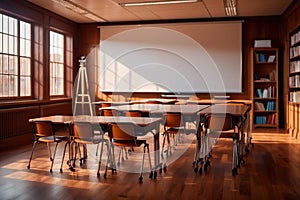 Empty modern classroom with blank whiteboard, bright sunny education environment