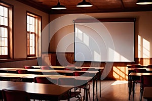 Empty modern classroom with blank whiteboard, bright sunny education environment