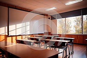 Empty modern classroom with blank whiteboard, bright sunny education environment