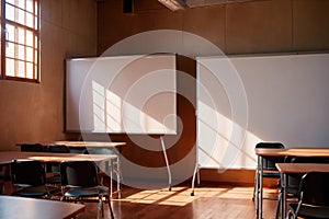 Empty modern classroom with blank whiteboard, bright sunny education environment