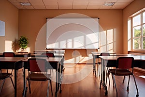 Empty modern classroom with blank whiteboard, bright sunny education environment