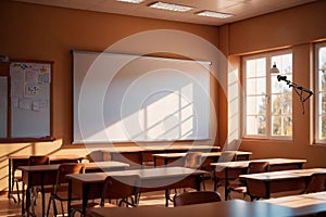 Empty modern classroom with blank whiteboard, bright sunny education environment