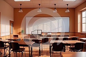Empty modern classroom with blank whiteboard, bright sunny education environment