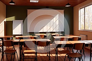 Empty modern classroom with blank whiteboard, bright sunny education environment