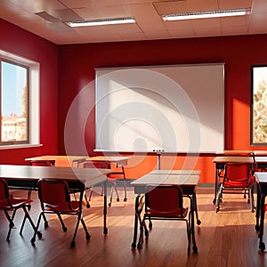 Empty modern classroom with blank whiteboard, bright sunny education environment