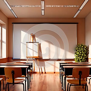 Empty modern classroom with blank whiteboard, bright sunny education environment