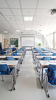 Empty modern classroom with blue chairs and tables ready for students learning