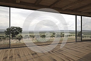 Empty modern design outdoor terrace with sliding patio doors and wooden floor. House 3d render illustration with nature