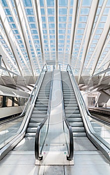 Empty modern escalators in the interior of subway station