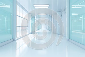 Empty modern hospital corridor background. Clinic hallway interior. Soothing ambiance in modern hospital corridor. Healthcare and