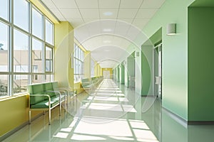 Empty modern hospital corridor background and seats at waiting area. Clinic hallway interior. Healthcare and medical center