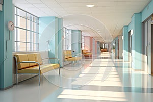 Empty modern hospital corridor background and seats at waiting area. Clinic hallway interior. Healthcare and medical center