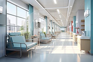 Empty modern hospital corridor background and seats at waiting area. Clinic hallway interior. Healthcare and medical center