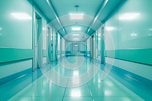 Empty modern hospital corridor, clinic hallway interior