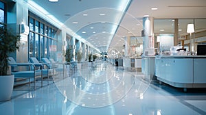 Empty modern hospital corridor, clinic hallway interior background with chairs for patients waiting for doctor visit