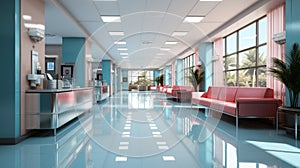 Empty modern hospital corridor, clinic hallway interior background with chairs for patients waiting for doctor visit