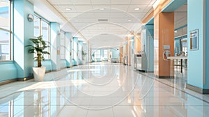 Empty modern hospital corridor, clinic hallway interior background with chairs for patients waiting for doctor visit