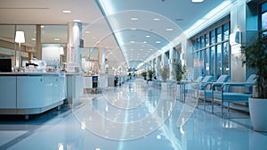 Empty modern hospital corridor, clinic hallway interior background with chairs for patients waiting for doctor visit.