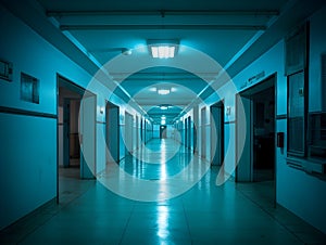 Empty modern hospital corridor, clinic hallway interior background with white chairs for patients waiting for doctor visit. Contem