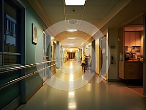 Empty modern hospital corridor, clinic hallway interior background with white chairs for patients waiting for doctor visit. Contem