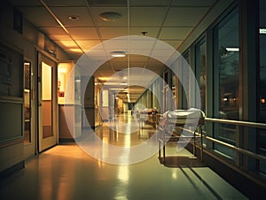 Empty modern hospital corridor, clinic hallway interior background with white chairs for patients waiting for doctor visit. Contem