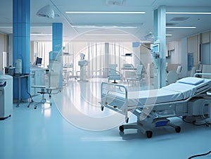 Empty modern hospital corridor, clinic hallway interior background with white chairs for patients waiting for doctor visit. Contem